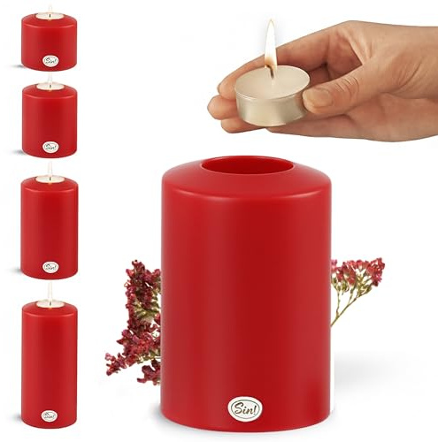 Sin!® 1x Teelichthalter & Dauerkerze Classic ROT ∅ 8cm Höhe 12cm Seidenglanz - Die Kerze die Nicht schmilzt! Kunststoff-Kerze (Made IN Germany) Teelichtkerze in Kerzenoptik mit Teelichteinsatz