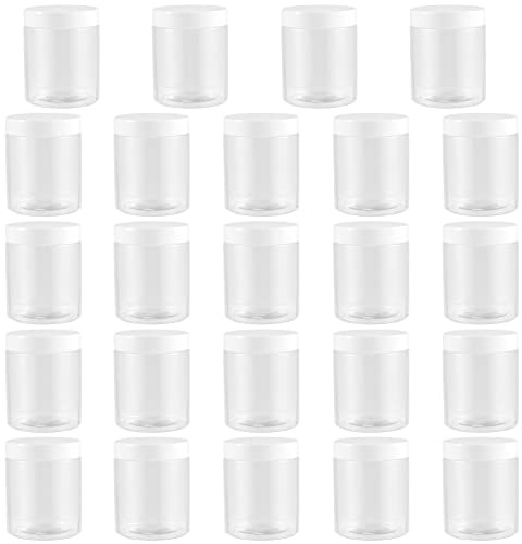 HEIHAK 24 Pcs Bocaux en Plastique, 250 ml Pot en Plastique Vide avec Blanc Couvercle, Transparent Rond Slime Bocal de Stockage pour La Maison, Cuisine, Échantillon, Épice, Lotion