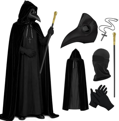 SMKGNOME Ensemble de costumes de masque de docteur de la peste d'Halloween, masque à long nez et cape à capuche et sceptre du roi et collier croisé et gants pour la fête d'Halloween