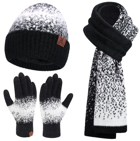 Femme Hiver Tricot Bonnet Chapeau Gants Tactiles Longue Echarpe Ensemble avec Doublure en Polaire Chauffants Skull Casquette Gants Foulards Noir Blanc