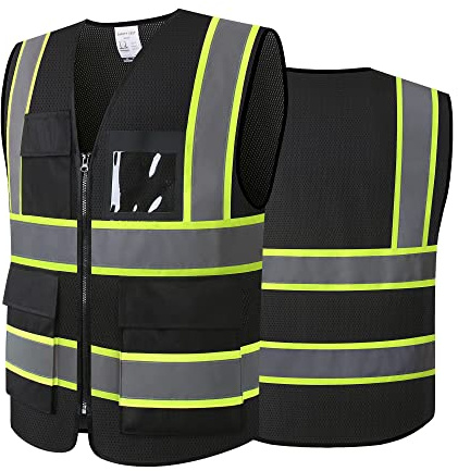 ASIPHITU Reflective High Visibility Safety Vest for Men Women Security with Pockets Zipper Front for Work Vest with Reflective Strips Meets ANSI/ISEA Standards(H-Black-2XL)