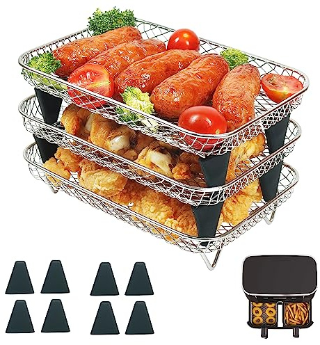 YQL 304 Stainless Steel Stackable Air Fryer Rack for Ninja Dual Zone A300UK | 3 Layers Air Fryer Accessories with 8pcs Silicone Feet, Airfryer Trays for Tower/Instant/Salter/EMtronics Dual Basket