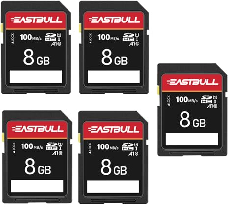 Paquete de 5 tarjetas SD de 8 GB EASTBULL Clase 10 U1 V30 de alta velocidad de 100 MB/s de lectura SDHC de alta velocidad, paquete de 5 unidades para cámara, video Full HD, con 5 mini fundas (8 GB, 5