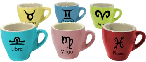Set 6 Tazzine da caffè in Ceramica Colorate Personalizzate con Segni Zodiacali Particolari Colori Assortiti Idea Regalo Originale Natale Compleanno Cucina Prima Colazione Mattina Arredo Casa Tavola