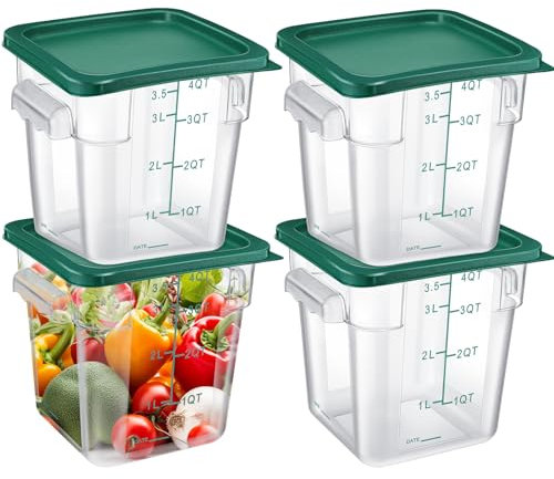 Maxcheck Set di 4 contenitori per alimenti con coperchio, quadrati, trasparenti, con bilancia e manico, salvaspazio, per casa, cucina, ristorante, a prova di pasta, marinatura della carne (verde)