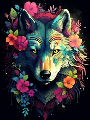 AMBATTERY Knüpfen Set Erwachsene Painted Wolf and Flowers Latch Hook Teppich Kreuzstich Stickerei DIY Set, DIY Werkzeuge Für Kinder, Erwachsene, Für DIY Knüpfen Teppich 21x29in