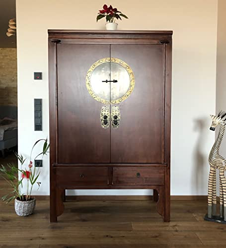 OPIUM OUTLET Chinesischer Hochzeitsschrank Schrank Kommode Möbel China asiatisch orientalisch Vintage Shabby-chic Stil Kleiderschrank Holz massiv 2 Türen 2 Schubfächer braun