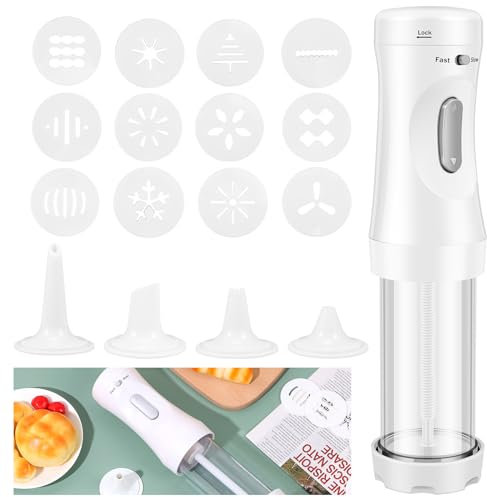Electric Cookie Press DIY Cookies Maker Set with 12 Cookie Discs and 4 Icing Nozzles Electric Cookie Press Decorating Kit Detachable Cookie Maker Machine Electric Cookie Decorating Tool for Biscuits.