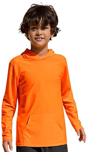 TIZAX Barn UV-skjorta långärmad pojkar badtröja med huva snabbtorkande UPF 50+ solskydd rash Guard T-shirt med ficka ålder 4–14, apelsin, 7-8 År