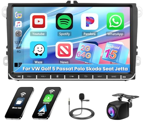 Hikity 2G+64G Android 13 Autoradio per Volkswagen Golf 5 Golf 6 Tiguan Polo con Wireless Carplay Android Auto 9Pollici Car Radio Stereo con GPS Navi WiFi DSP FM RDS Bluetooth Telecamera Posteriore