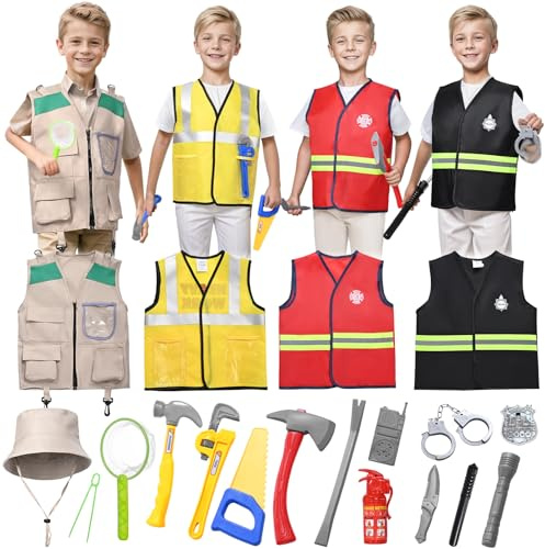 HarnyLoom Deguisement Policier Pompier Explorateur Enfant Menottes Costume Cosplay Chapeau Walkie Insignia Accessoires Fille Garcon Halloween Carnaval