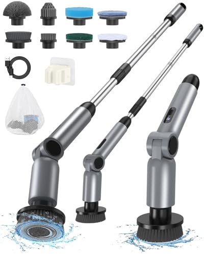 Homtronics Spazzola Rotante Pulizia Casa, [Impugnatura Regolabile] Spazzola Elettrica per Pulizia, Spazzola Elettrica Rotante con 8 Testine Sostituibili per Bagno Piastrelle Vasca Cucina Stufa, Auto