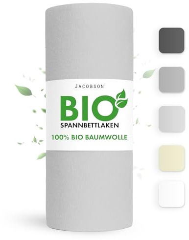 Jacobson Bio Spannbettlaken 90x200cm Baumwolle Spannbettlaken, GOTS zertifiziertes Bettlaken, 160g/m² Jersey Spannbetttuch (90x200, Hellgrau)