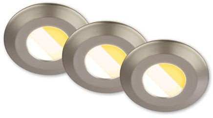 BRILONER - 3er Set LED Bad Einbaustrahler 230V Gehäuse 50% recycelt, Farbtemperaturwechsel, Dimmbar, IP44, Ra90, LED Spot, flach, Decke, Einbauleuchten, Badezimmer, 68mm, 90x30mm (DxH), Matt-Nickel