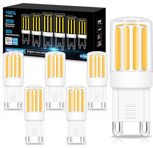 BROLSKUN G9 LED Warmweiß 2700K 60W 50W Halogenlampe Ersatz 220V 500LM Energiesparende 360° Stiftsockellampe G9 Keramik Sockel Nicht Dimmbar Kein Flackern für Kronleuchter, 6er Set