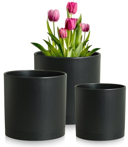 Meowell Macetas grandes de 12/10/8 pulgadas, paquete de 3 macetas cilíndricas profundas para plantas de interior y exterior, macetas altas de plástico con agujeros de drenaje y platillos para plantas