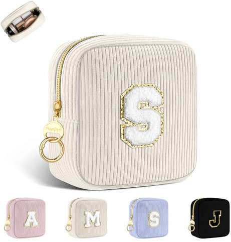 Personalisierte Kosmetiktasche Kleine Make up Tasche Cord Schminktasche Damen Tragbare Reise-Kulturbeutel für Toilettenartikel Organizer Personalisierte Initialen Geburtstag für Mädchen Beige S