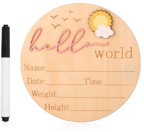Panneau d'Annonce de Bébé, 14,8 cm Panneau en Bois Hello World pour Nouveau-Né Jolies Plaques de Nom de Naissance pour Fille Garçon Baby Shower Hôpital Crèche Accessoire Photo (Rose)