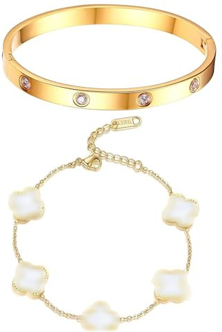MOSTEDE Glücklich Vierblättriges Kleeblatt Armband Damen Kleeblatt Armband Gold Aus Titanstahl Gold Liebe Freundschaft Cubic Zirkonia Armreif Für Frauen Und Mädchen Geburtstagsgeschenk
