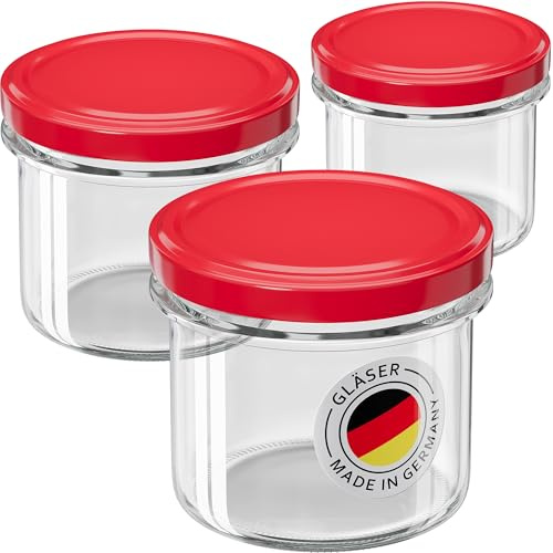 WELLGRO 25x Einmachgläser mit Schraubdeckel - 235ml - Deckel To 82 rot - Made in Germany - Vorratsgläser mit Deckel, Gärglas, Dessertgläser