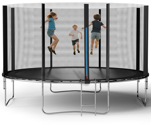 Soontrans Trampolin Outdoor Ø 366 cm, Trampolin Kinder, Kindertrampolin Gartentrampolin mit Leiter, Sicherheitszaun, Gepolsterte Stangen, Bodentrampolin Kinder Belastbar bis 150kg
