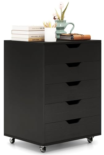 FANTASK Rollcontainer mit Rädern & 5 Schubladen, mobiler Schubladenschrank, Schubladenkommode, Bürocontainer Aktenschrank Rollschrank Rollwagen für Zuhause Büro (Schwarz)