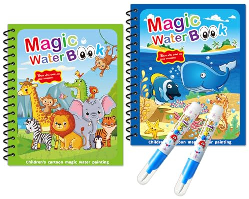 Barlone 2 Stück Wassermalbuch mit 2 Wasserstift, Wasser Malbuch Wiederverwendbar Magic Water Book, Magic Water Colouring Book, Wasserstift Malbuch für Kinder, Water Coloring Book