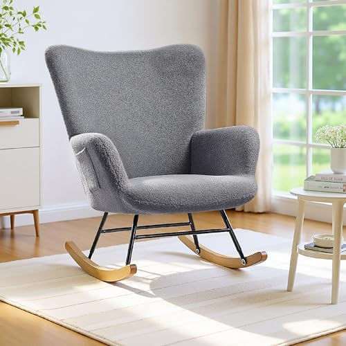 VECELO Mecedora, Lactancia en Tejido Rizado, Silla Mecedora, Estructura de Acero, Patas de Madera Maciza para Dormitorio, salón