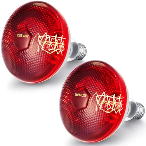 VIHOSE 2 Pack Infrared Heat Lamp for Chickens 250watt 120v Thickened Red Heat Lamp Bulbs for Food Service, Reptile, Pet, Bathroom, Light Therapy Use E26 Base