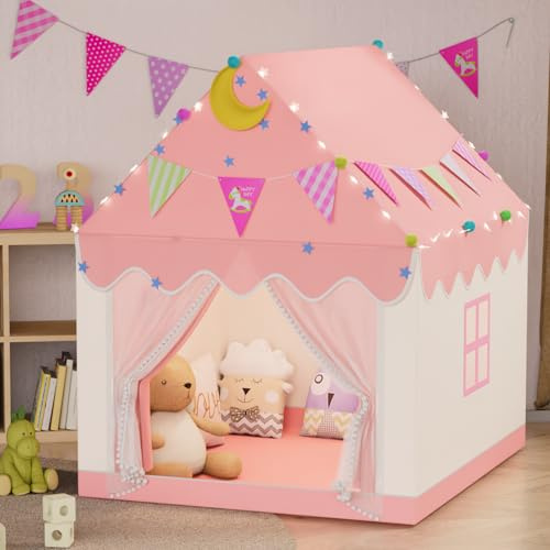 Kids Tent - 2 In 1 Kids Play Tent Children's Playhouse Indoor with Star Lights,Large Play Tent for House Outdoor Playground Children's Birthday Present
