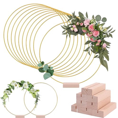 RFYTDCF 10 Stück Metallringe Zum Basteln 30cm, Gold Dekoring mit Fuß Hochzeit mit 10 Stück Holzständern Deko Ring mit Ständer für Hochzeitskranz DIY Kranz Handwerk Wandbehang Weihnachtskranz