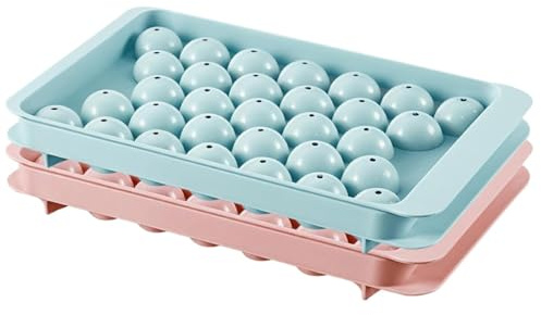 2 Pcs Mini Round Ice Cube Moulds,Food Grade Material Ice Ball Mould with Lid,Reusable and Stackable Small ICES Cube Tray for Water Whiskey Cocktail Tea Coffee (Blue and Pink,33 Spherical)