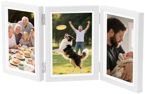 Triple Photo Frame, Picture Frame Collage for 3 Photos, Foldable Wooden Picture Ideal for Wedding/Family Tabletop Desk Display (6x4 White)