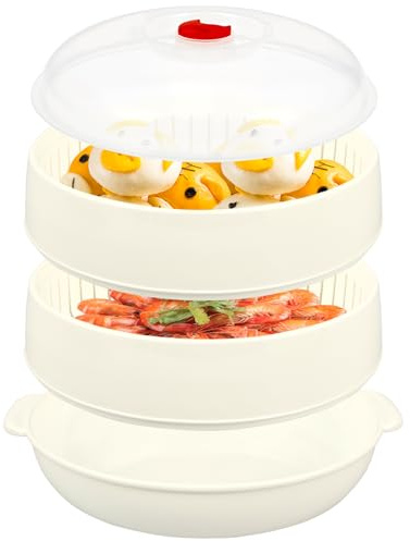 BUTORY Vaporizzatore a microonde a 2 piani rotondo forno a microonde con coperchio ventilato e manico, cottura rapida per verdure, frutta, carne