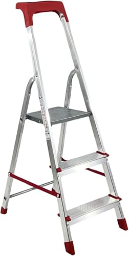 Scala Scaletto in Alluminio Estruso, 3 Gradini, Rosso, Portata 150 kg, Montante Anteriore 40 mm, Certificata EN 131, Made in Italy, 41x120 cm