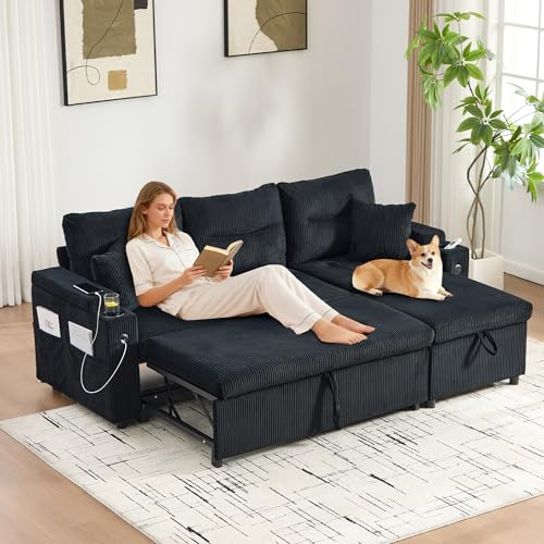 Yihomfy - Sofá convertible con sofá cama modular en L con cama nido y chaise longue de almacenamiento, sofá esquinero convertible de 3 plazas con 2 portavasos y puertos USB para sala de estar, cine en