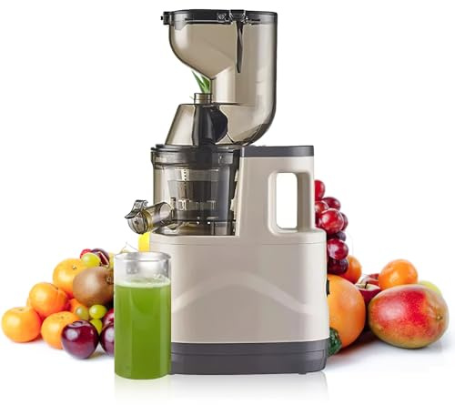 Extractor de zumo, 300 W, extractor de jugo de frutas y verduras, juicer de gran apertura de 80 mm, prensa de cítricos en frío sin BPA, corte automático de frutas y verduras enteras (beige)