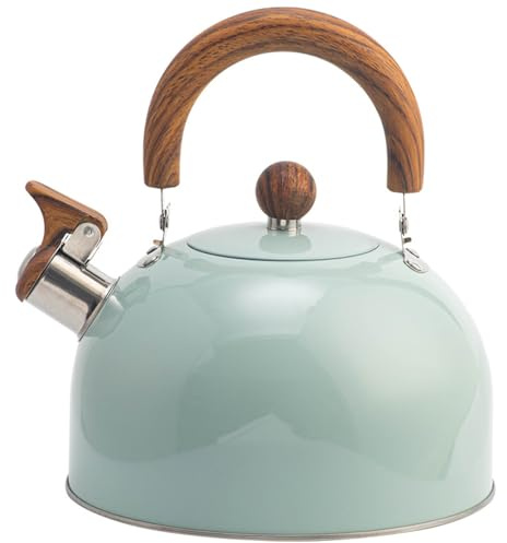 Bollitore per tè con fischio Manico in legno Teiera in acciaio inossidabile lucidato per uso alimentare da 3 litri Teiera inodore per piano cottura a induzione, verde chiaro
