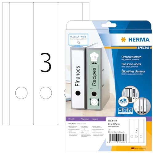 HERMA 5159 Ordnerrücken Etiketten lang breit, 25 Blatt, 59 x 297 mm, 3 pro A4 Bogen, 75 Stück, selbstklebend, bedruckbar, blickdicht, blanko Papier Ordneretiketten Rückenschilder Aufkleber, weiß