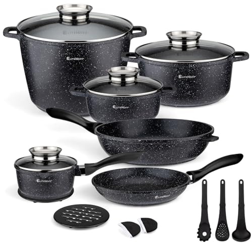 EliteHoff Induktion kastrullset, 17-delat köksredskapsset, kastrull och pannset med lock, kastrull i aluminium, non-stick köksredskap för alla typer av spisar, diskmaskinssäker och PFOA-fri (svart, E