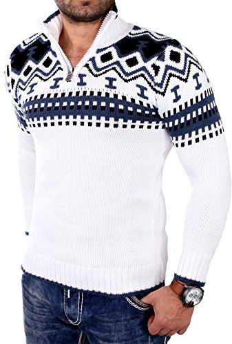 Reslad Jersey de punto para hombre con cuello redondo y cremallera para invierno, suéter noruego para hombres RS-3110, Blanco, XL