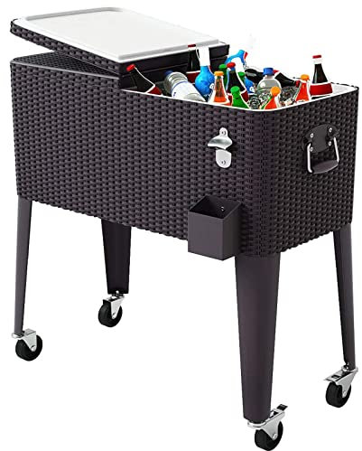GIANTEX 80 Quart Rattan Rolling Cooler Cart Outdoor Patio Portable Party Drink Beverage Bar Cold Beach Chest Cart on Wheels, Brown Wicker, 32.7''(L) X18.9''(W) X43.3''(H)