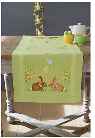 VERVACO Stickpackung Kreuzstich Set Vorgedruckt Tischläufer Kaninchen Stickdecken Vorgezeichnet DIY Basteln Kreativ Stickläufer zum Selbersticken 40 x 100 cm Stickset