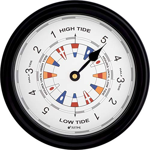 JUSTIME Tide Clock, 21.6 cm (8.5 Inch) Tidal Wall Clock with Water-Resistant Plastic Case, Colourful High & Low Tide Coastal Home Décor for UK & Atlantic Coastlines (TT020-Flag Black)