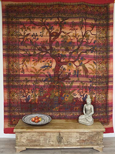 GURU SHOP Boho-Style Wandbehang, Indische Tagesdecke Lebensbaum/Tree of Life - Rot, Baumwolle, 250x210x0 cm
