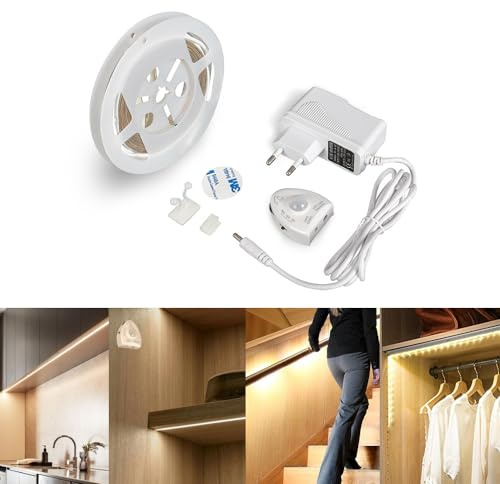 M Ledme - Luz LED debajo de la Cama 3W, Con Sensor de Movimiento, Bed Lighting IP20, Regulable, 3000K Blanco Cálido, para Armario, Cocina, Pasillo. Fácil de montar. LM2217