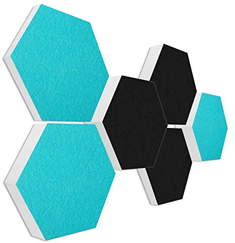 platino24 Schallabsorber COLORE aus Basotec G+ I Akustikpaneele mit Akustikfilz I 3D Wand-Paneele mit 6 Waben in Schwarz & Türkis I Akustikplatten zur Schalldämmung in Büro, Studio & Wohnung