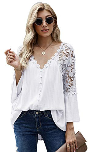 ITBCLOVE Bluse Damen, elegant Chiffon Bluse Damen Oberteile Spitze mit V-Ausschnitt Aushöhlen Lose Tops Damen Spitze Casual Stickerei Hemd Damen 3/4 Ärmel Tops Spitze （Weiß，XL）