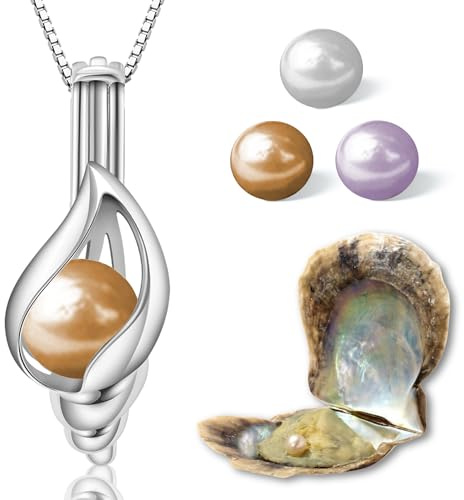 Wunschperlen Perlenkette Damen Schmuck Set - Muschelkette Silber und Muschel mit Perle - 925 Silber-Kette Damen mit Anhänger und Echte Perle in Muschel - Schmuckset Silber Geschenk für Sie