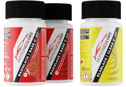 MOTIONCOLORS Orange Pearl Metallic/Paprika Metallic A11 für Nissan Autolack Lackstift Set Grundlack Basislack Klarlack je 50ml